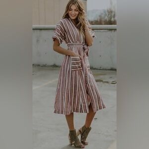 Free People Monday Striped Midi Dress in Pink and Cream with Tie Waist